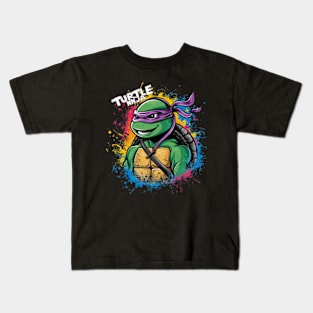 A striking and vibrant illustration of a ninja turtle, wearing a pair of sleek headphones Kids T-Shirt